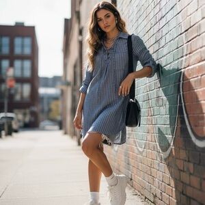 Altar’d State Grey Blue Long Sleeve Tie Lace Up Striped Blue Shirt Dress M